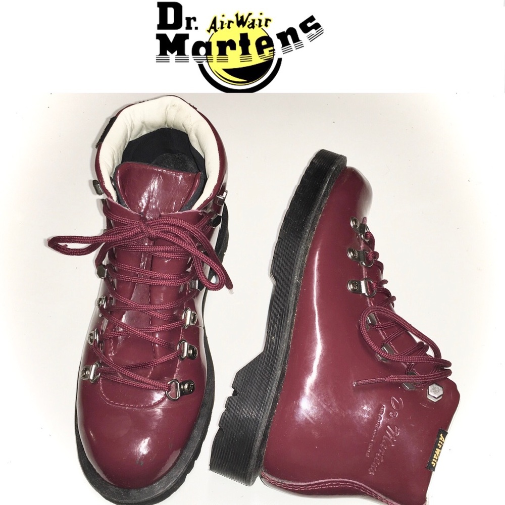 DR. MARTENS maroon patent Air Wair ankle boots